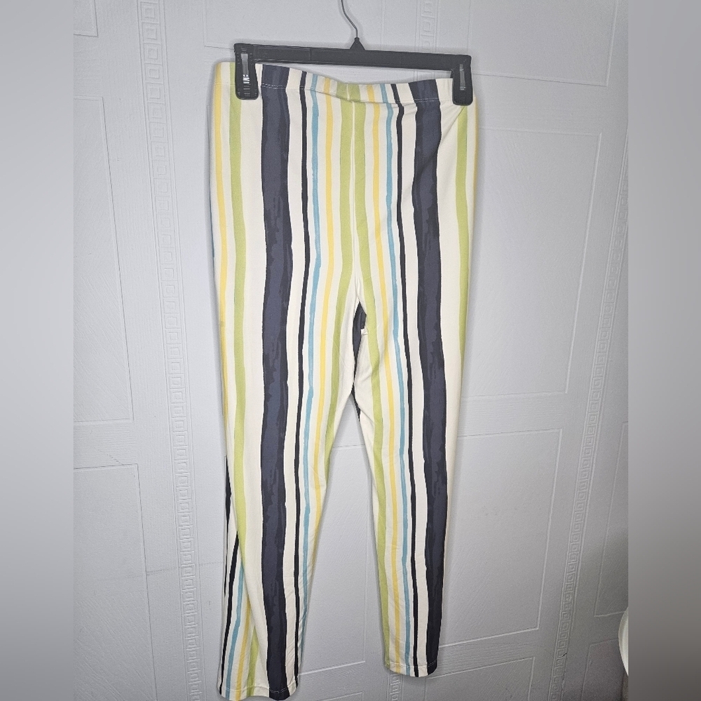 Serengeti Plus 1X Blue Yellow Stripe Wide Leg Pull On Pants NWOT Coastal Grandma